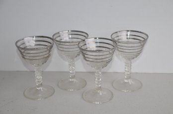 (#106) Vintage Cocktail Silver Rimmed Glasses Set Of 4