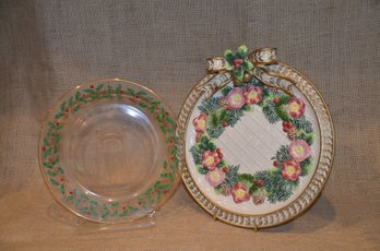 (#15) Christmas Fitz & Floyd Ceramic Plate 9.5' And Holly French Glass 8'