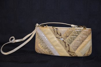 33LS) Vintage Supreme Snake Skin Beige / Brown Patchwork Clutch Handbag With Strap
