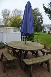 (#19) 60' Round Picnic Patio Table 4 Benches Umbrella And Iron Umbrella Stand