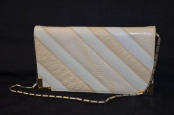 36LS) Vintage Varon Snake Skin Beige Patchwork Clutch Handbag With Beaded Strap