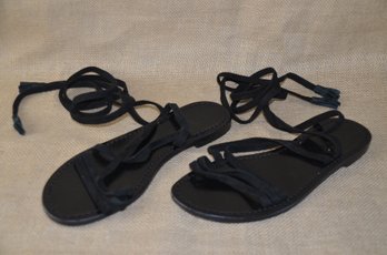 (#111DK) Capri Positano Italian Leather Sole & Suede Black Lace Up Strappy Sandal - Size 37 (7.5)