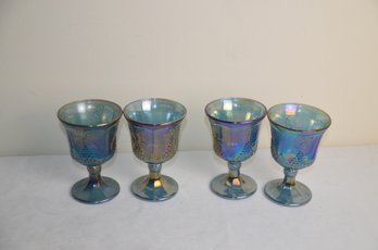 (#55) Vintage Indiana Glass Blue Iridescent Harvest Grape Wine Goblets Set Of 4