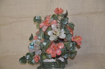 (#10) Asian Art Glass Bonsai Flower Tree In Stone Planter 16'height