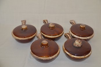64) Hull Pottery ONION SOUP BOWLS Covered With Lids Set Of 5 Brown Drip Glaze Pottery Handle Bowls