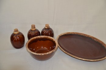 68) Vintage Hull USA Oven Proof Oval Platter 12x9, Bowl 6', Salt And Pepper Shakers Brown Drip Glaze Pottery