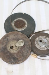 (214) # Vintage Measuring Tapes -leather Case Lufkin 100 Ft.-Lufkin Chrome Clad (tips Broken) Check Desr