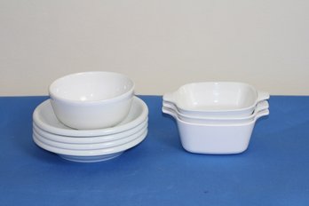 (#306) 8 Pieces White Set:  4 Ikea Cereal Bowls/ 3 Corning Ware  CASSEROLE Dishes & 1 Small  See Description