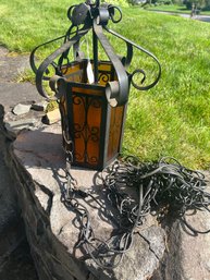 (357) Vintage Wrought Iron Spanish Style Hanging Lamp /  Art Deco & Long Chain