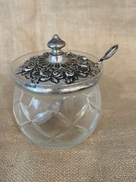 (#6) Vintage Gorham Sterling Lid Glass Sugar Bowl With Sterling Spoon