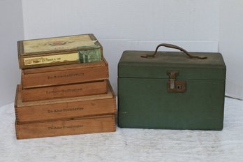 (273) 7- Vintage Cigar Boxes And Green Wood File Box With Leather Handle