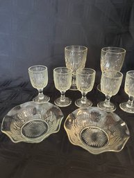 6) Vintage Iris And Herringbone 5 Jeannette Juice Glasses 4.5' / 6' And 2 Bowls 5'
