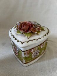 53) Covered Porcelain Floral Heart Shaped Trinket Box Flower Top Some Chips