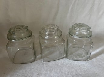 59) Set Of 3 Square Clear Glass Canister Jars With Lids 7'H