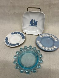392) Wedgwood Trinket Ash Trays And Embossed Queensware Dish And Candlewick Blue Glass Coaster