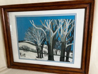 106) Cross Stitched Needlepoint Framed Snow Covered Winter Tree Scene 27x21