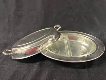 31LS) Oval Covered Serving Silver Plate Side Handles Unmarked  Glass Insert