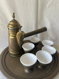 74) Vintage MCM Brass Coffee Tea Pot Set Arabic Islamic Middle Eastern Porcelain Insert Cups