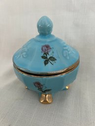 100) Vintage House Of Fuller Light Blue Porcelain Rose Candy Dish USA ( Under Lid Chip) 5'H