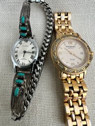 199) Lot Of 2 Watches: Raymond Weil Gold Plated Band AND Mikore With Turquoise Inlay Stones