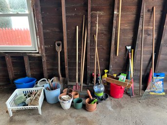 Assorted Lot Of Garden Tools And Planters