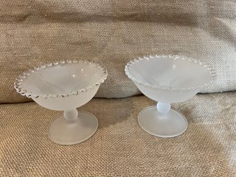 (#20) Pair Of Frosted Glass Beaded Edge Low Compote Dessert Cup