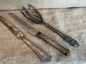 (#43) Silver Plate 2 Carving Knives And 1 Serving Salad Spoon