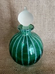 (#227) Hand Blown Green Glass White Swirl Design Perfume Bottle Frosted Stopper