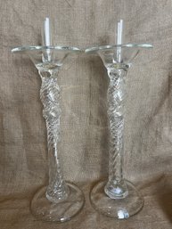 (#7) Pair Of Hand Blown Made In Italy Glass Candle Stick Holder 20.5' Height