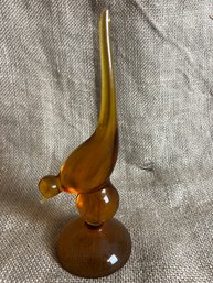 63) Vintage MCM Viking Amber 7.5' Art Glass Long Tail Bird Figurine - Tail Chipped