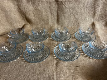 65) Vintage Depression Bubble Bullseye Provincial Anchor Hocking Glass 8 Cups & Saucers Sets