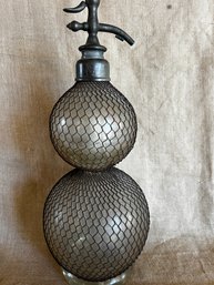 53) Antique 19th Large Seltzer Bottle French Siphone Double Bubble Glass Outter Mesh Cage