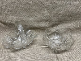 100) Crystal Glass Trinket Basket 7' And Bowl 6' Diag.