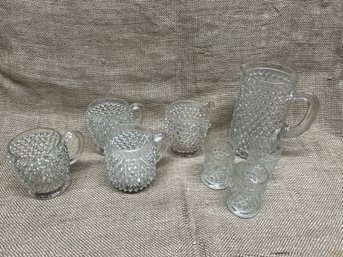 155) Clear Glass Hobnail Pitcher (1)  Handled Cups (4)   Juice Glasses (3)