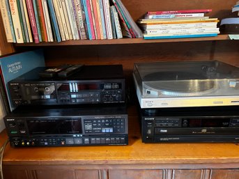65) Vintage Sony Stereo System ( Receiver, Turn Table, VHS, Cassette )- Not Tested