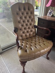Leather Library Arm Chair Button Tufted Seat High Back Nail Head Trim