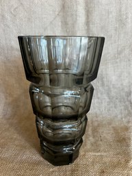 196) Vintage Czech Moser Faceted Cut Crystal Josef Hoffman Smoky Topaz Glass Vase 8.5'H( Chipped In Few Spots)