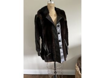 Black Mink Fur Jacket Leather Detail Trim Custom Made Size Small 30'long