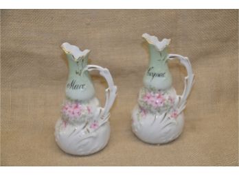 105) Set Of 2 Vintage Porcelain Oil & Vinegar China Small Hand Painted Floral Handled Pitcher 6'H