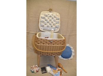 174) Vintage Sewing Notions Floor Standing Basket With Sewing Notions
