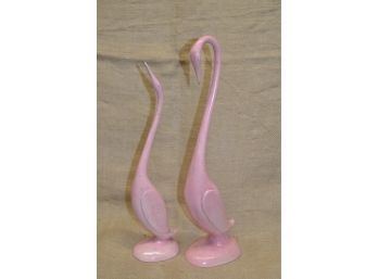 124) Vintage MCM Pair Of Pink Flamingo Ceramic Statue 15'H & 13'H