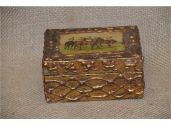 171) Vintage Florentine Wood Trinket Hinged Lidded Box Horse Appliqu