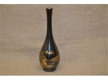 163) Vintage Japanesen Black Copper Embossed Hidden Village Cast Metal Pottery Vase