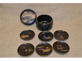 165) Asian Wooden Box Of Coasters - Lid Broken