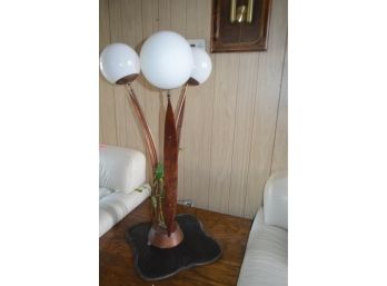 Mid Century Post Modern Wood Leaf Copper Stem Table Lamp - Works