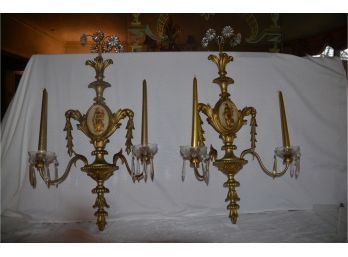 (#30) Vintage Pair Of Palladio Italian Wood Gilt 2 Arm Glass Candleholder Sconces