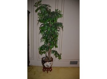 (#36) Asian Porcelain Planter And Stand, Fiche Artificial Tree