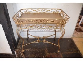 (#7) Metal Gold Serving Cart On Wheels