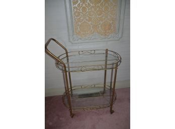 (#39) Rolling Cart Gold Metal (light) Glass Top (bottom Glass Crack)