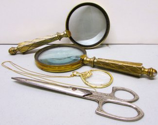 Two Ornate Magnifying Glasses, Monocle And Scissors